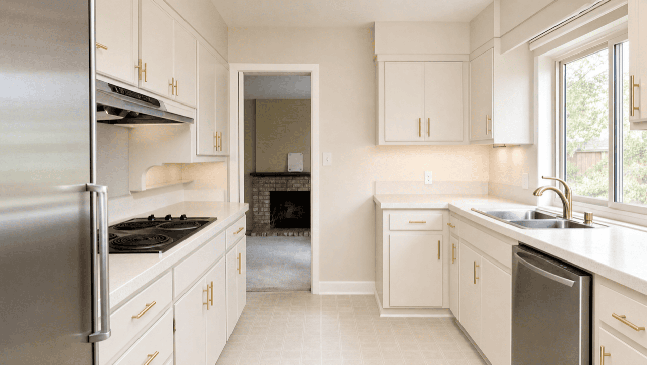 Same kitchen after cabinet refinishing — bright white
