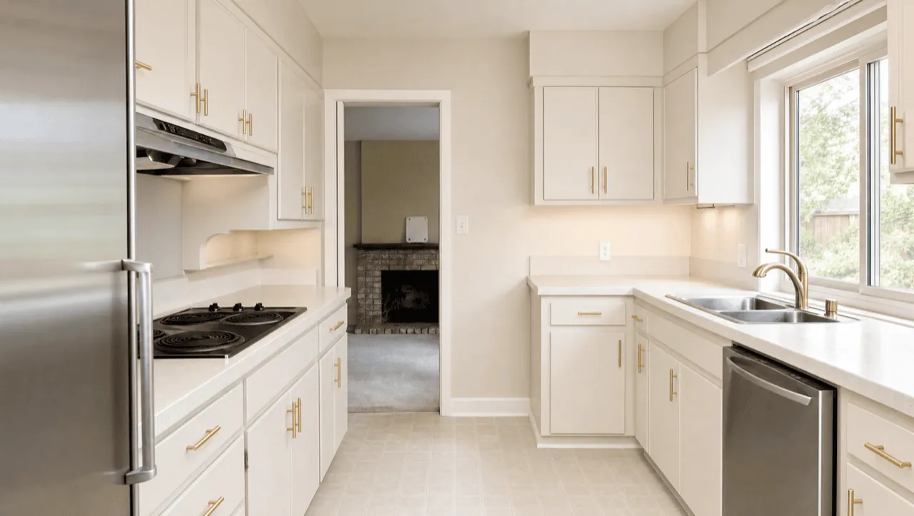 Same kitchen after cabinet refinishing — bright white