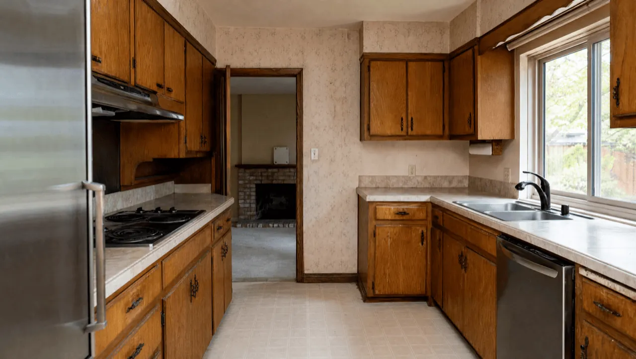 Dated oak kitchen before cabinet refinishing