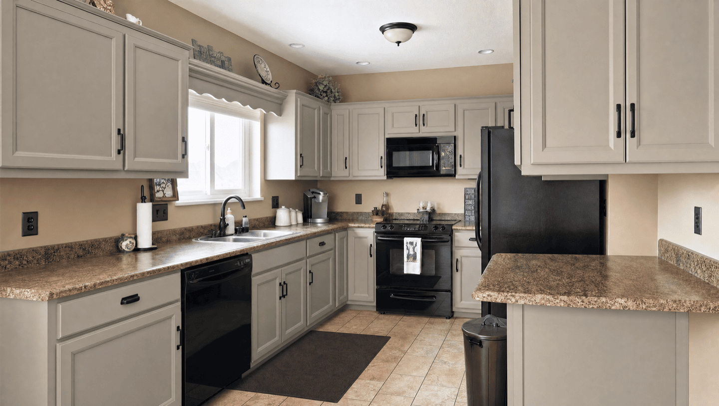 Same Fremont kitchen after cabinets refinished warm greige