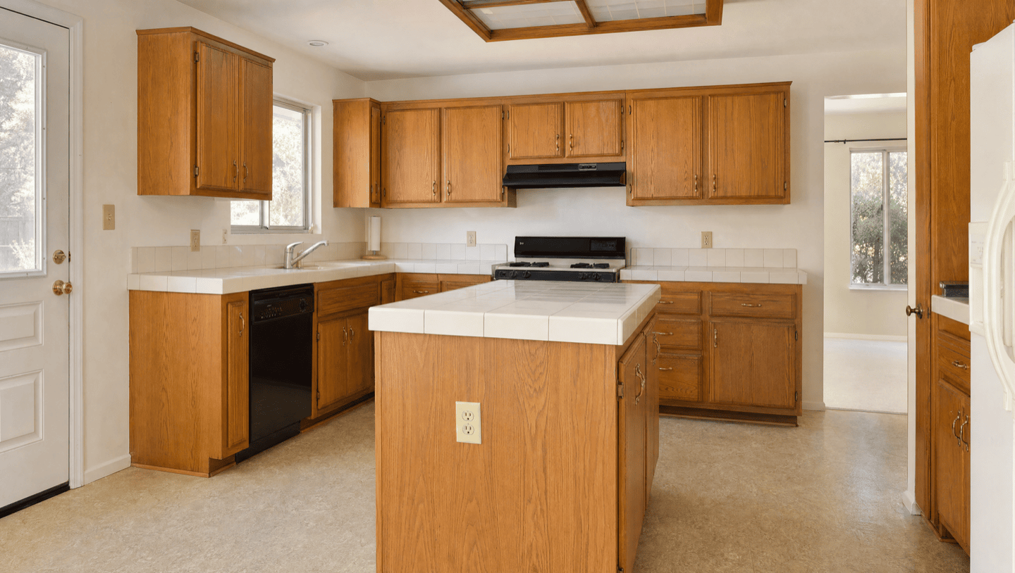 Golden oak kitchen and island before refinishing in Palo Alto