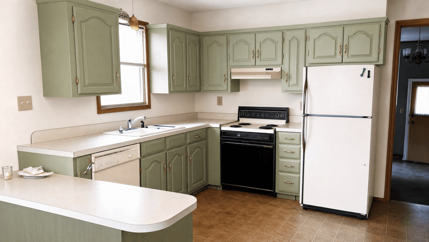Same Mountain View kitchen after cabinets refinished sage green