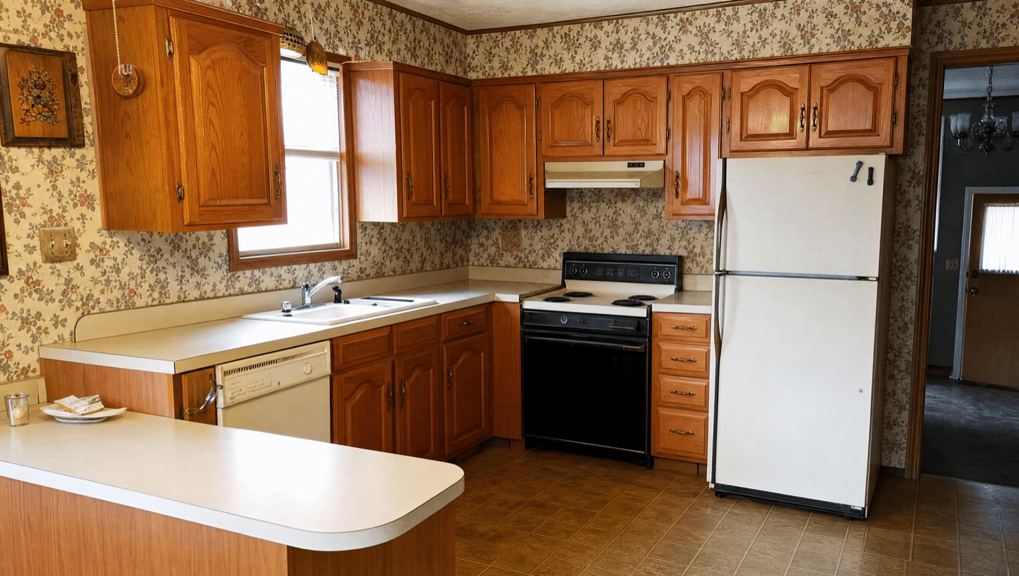 1980s orange oak cabinets before refinishing in Mountain View