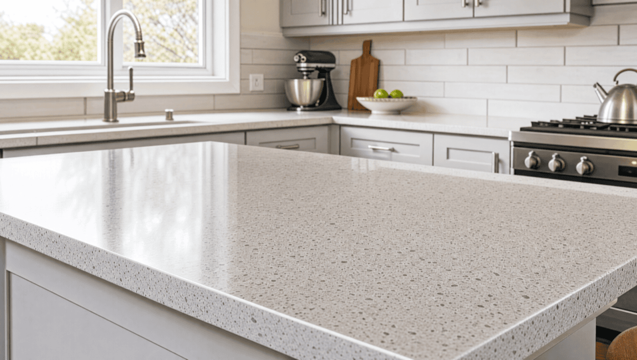 Same countertop after resurfacing — stone-look finish