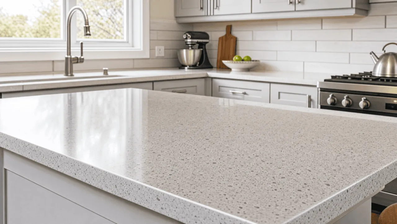 Same countertop after resurfacing — stone-look finish