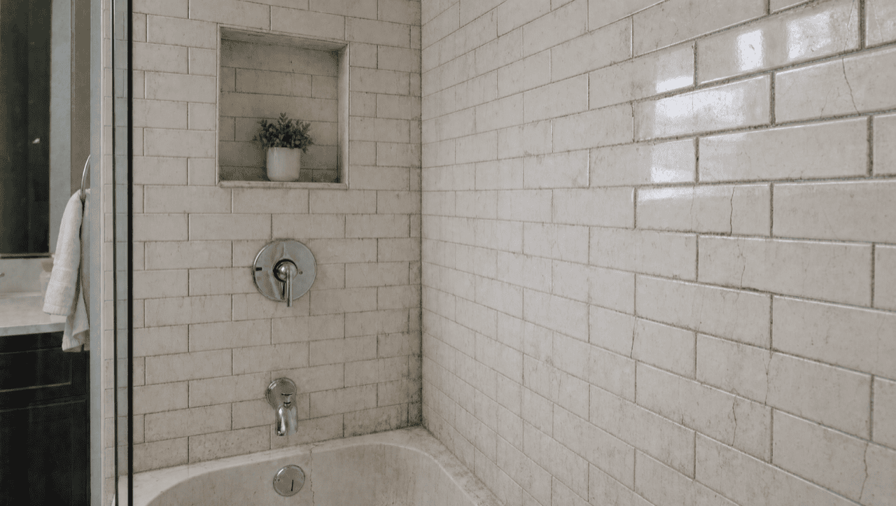Dated, moldy shower tile before refinishing in the Bay Area