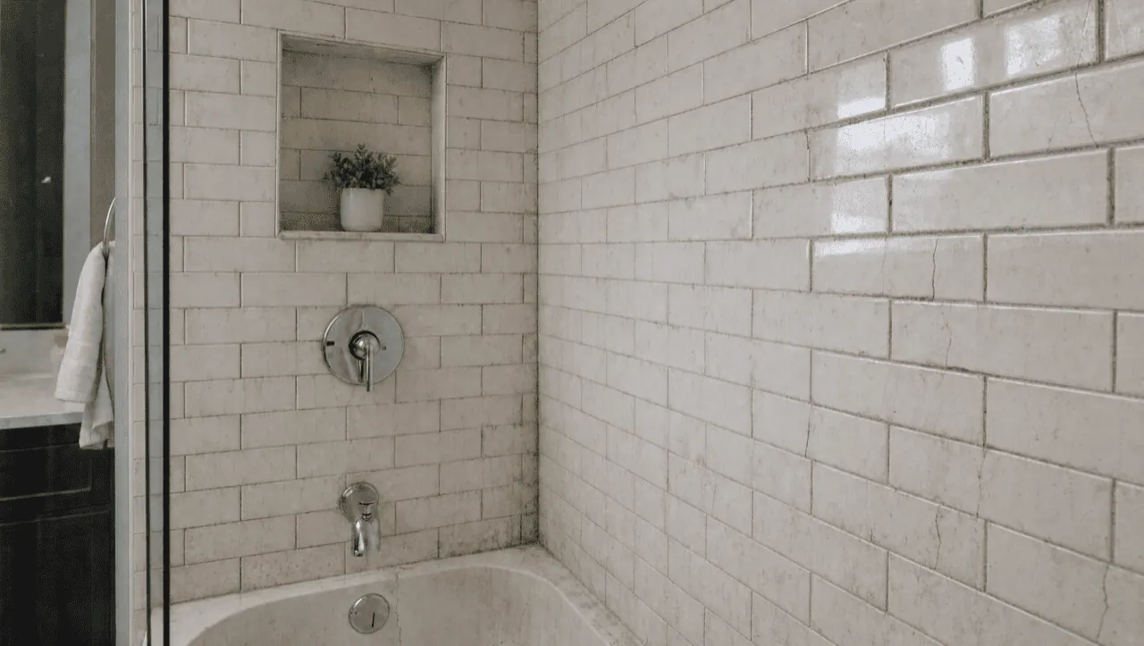 Dated, moldy shower tile before refinishing in the Bay Area