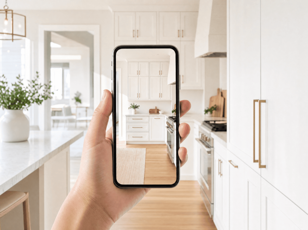 A hand texting a photo of bright white kitchen cabinets to get a price