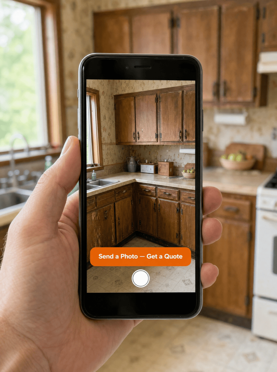 Texting a photo of dated kitchen cabinets to get an instant fixed price