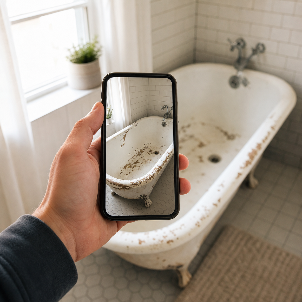 Texting a photo of a worn tub to get a refinishing price