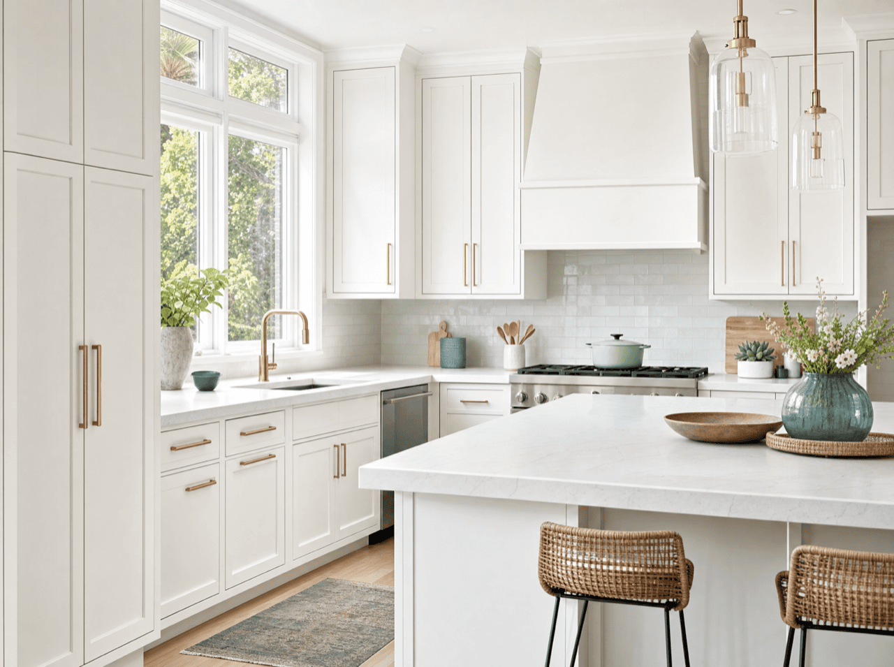 Refinished white kitchen cabinets